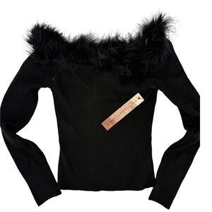 Almost Famous Womens Black Ribbed Off Shoulder Feather Trim Top Edgy Whimsigoth